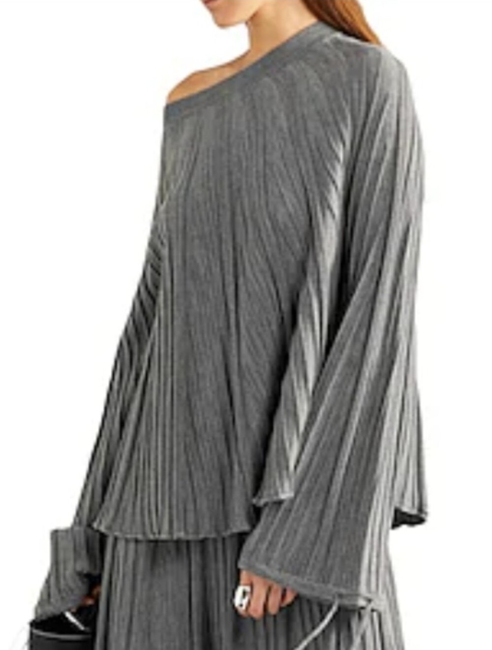 Chloe Gray Pleated Off-Shoulder Sweater